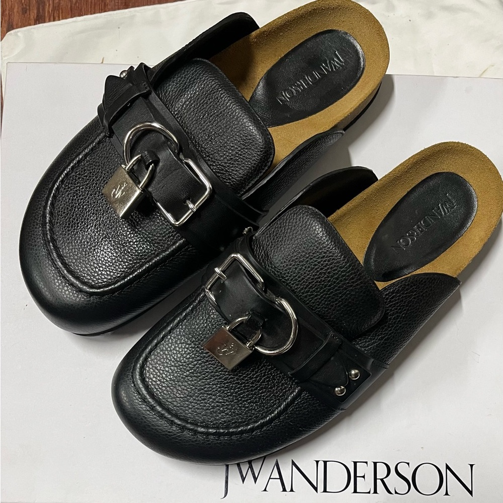 JW Anderson Black Punk Loafer Mules with Silver Buckle and Lock Charm